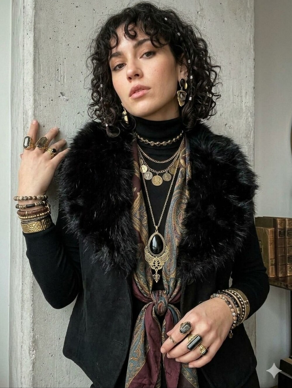Fur-Trimmed Black Vest